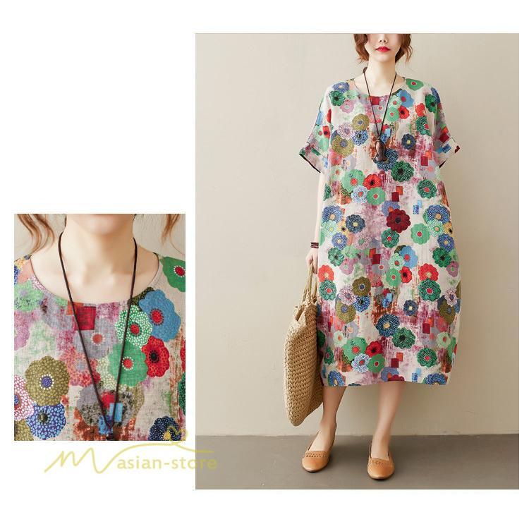 ミディアム | ミディアムワンピース レディース 膝丈 ゆるワンピース 花柄 きれいめ フリーサイズ ゆったり 半袖 麻 綿 リネン 女性着 きれいめ コットン クルーネック 着回し