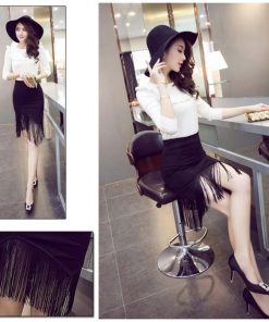 ひざ丈スカート | タイトスカート ミニ 裾 タッセル付きスカート アシンメトリー フリンジ セクシー