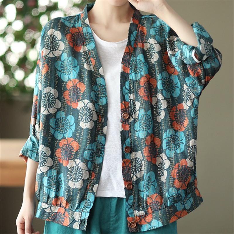 カーディガン | 麻混 レディース 花柄 初秋 リネン カジュアル Vネック 長袖 羽織 きれいめ 春 夏 秋 薄手 おしゃれ 40代50代 ゆったり 20代30代 大きいサイズ