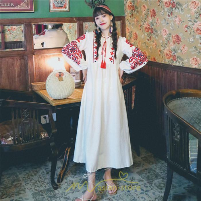 マキシ | 花柄ワンピース 丸首 リゾート ワンピース レディース 長袖 夏秋 ロング丈 マキシ丈 大人 上品 刺繍 綿麻 二次会 女子会 旅行 お出かけ コットン バカンス