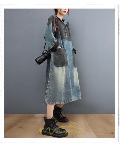 デニムワンピース | ワンピース デニム レディース 40代 ロング チュニック 長袖 ゆったり 体型カバー フード付き ポケット 切り替え 大きいサイズ