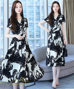 ミディアム | Aラインスカート レディース 着痩せ 黒 白 Vネック 半袖 ワンピース エレガント フェミニン 気質 30代 ママ きれいめ 40代 大きいサイズ サマーワンピース 夏