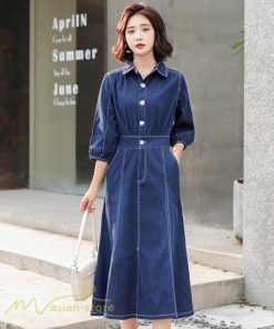 デニムワンピース | レディース デニム ワンピース マーメイド 長袖 秋 5分袖 カジュアル シャツワンピース カジュアル ロング丈 レトロ風 ポケット 着痩せ