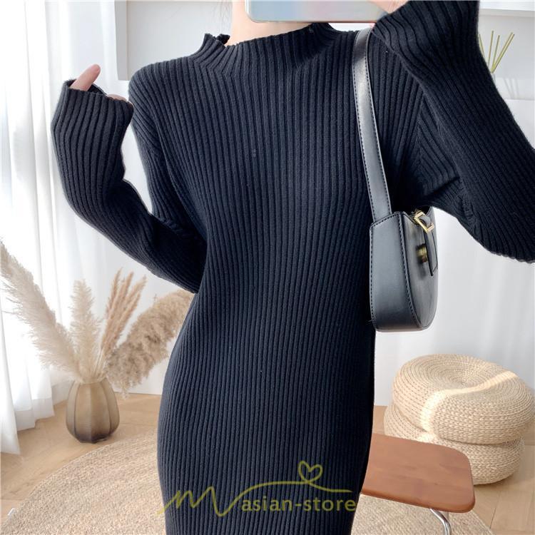 ニットワンピース | レディース 冬 きれいめ ロング おしゃれ 秋冬 長袖 ハイネック サイドスリット セクシー 同窓会 デート 大人フェミニン 女子会 韓国風