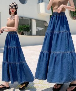 スカート | ティアードデニムフレアロングウエストゴム レディース 秋物 通学通勤 40代50代 20代30代ハイウエスト 大人