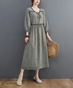 マキシ | ワンピース レディース Vネック 7分袖 秋 ロングワンピース フリーサイズ 花柄 40代 50代 大人 レトロ風 ゆるワンピース カジュアル 秋コーデ 30代 大人 20代