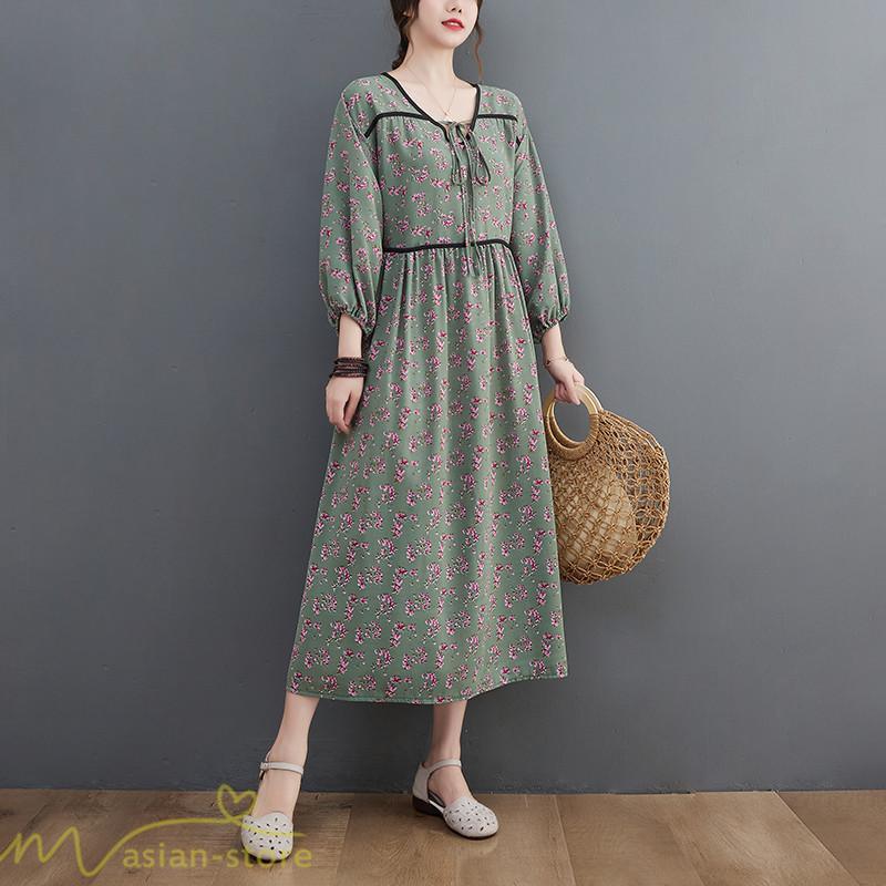 マキシ | ワンピース レディース Vネック 7分袖 秋 ロングワンピース フリーサイズ 花柄 40代 50代 大人 レトロ風 ゆるワンピース カジュアル 秋コーデ 30代 大人 20代