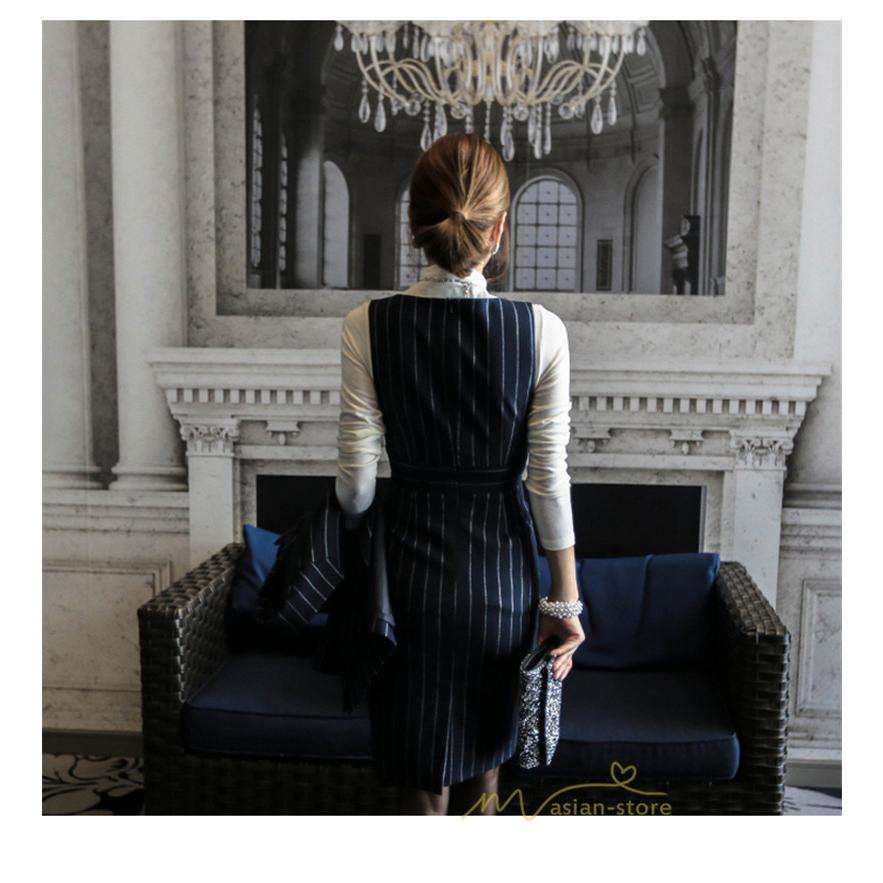 セットアップ | ワンピーススーツ セレモニー スーツ ママ オフィス 通勤用 フォーマル 長袖ジャケット+ノースリーブワンピース レディース 結婚式 ストライプ柄 2点セット