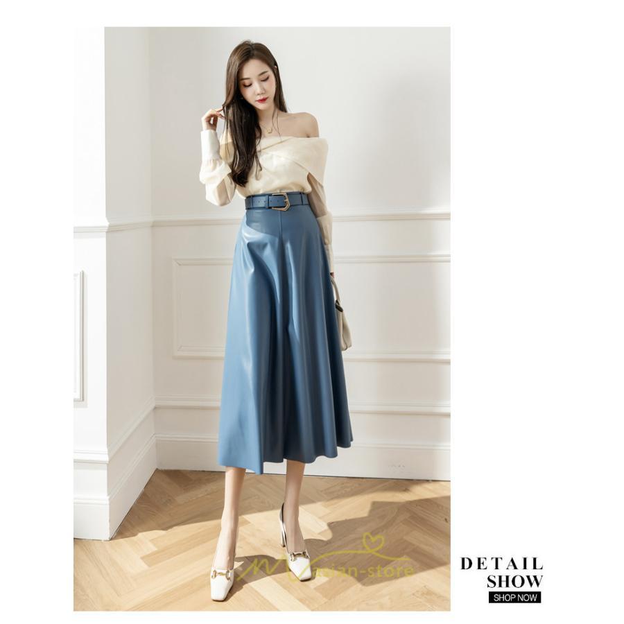 スカート | レザーフレアロング レディース ベルト付き ボトムス ロングAライン ミモレ丈 かっこいい 着痩せ キレイめ スリット