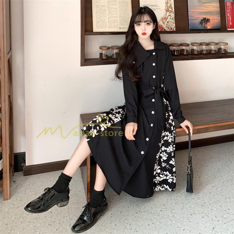 マキシ | ロングワンピース 秋物 レディース ミモレ丈 Aラインワンピース 切り替え フェイク レイヤード風 シャツワンピ お呼ばれワンピース 30代40代 着やせ 重ね着風