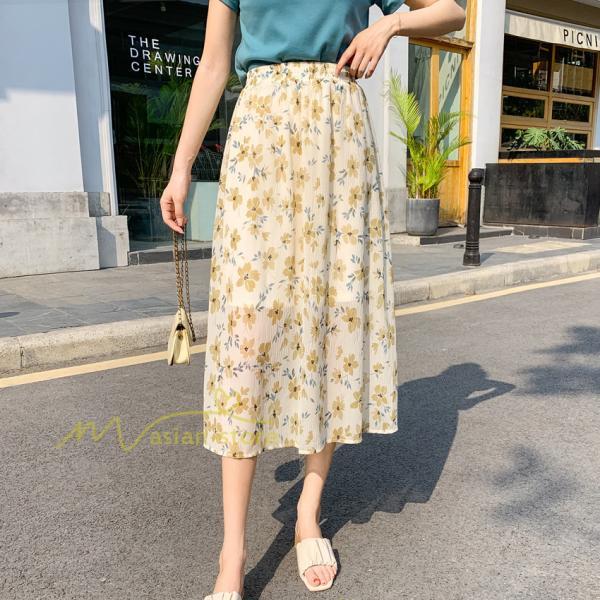 スカート | レディース シフォン フレア マキシ ロングウエストゴム マキシ花柄 ゆったり 20代30代40代50代 通勤通学 普通着 お出かけ お呼ばれ
