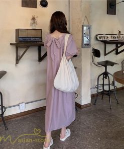 マキシ | ワンピース パフスリーブ 半袖 スクエアネック ゆったり 体型カバー ゆるワンピース フリーサイズ かわいい 無地 シンプル おしゃれ お出かけ レトロ 夏物 上品