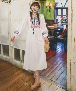 マキシ | ワンピース ロングワンピ パーティー お呼ばれ デート ゆったり 女子会 食事会 白 赤 黄色 青 Aライン 長袖 エスニック風 2022年夏秋新作 刺繍 Vネック 綿麻