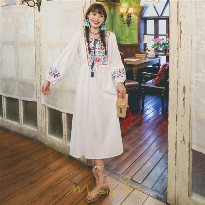 マキシ | ワンピース ロングワンピ パーティー お呼ばれ デート ゆったり 女子会 食事会 白 赤 黄色 青 Aライン 長袖 エスニック風 2022年夏秋新作 刺繍 Vネック 綿麻