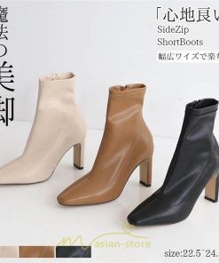 ショートブーツ | ブーツ レディース ショート スクエアトゥ チャンキーヒール ブラック 黒 オフホワイト ベージュ ファスナー 通学 疲れにくい 歩きやすい オフィス 通勤