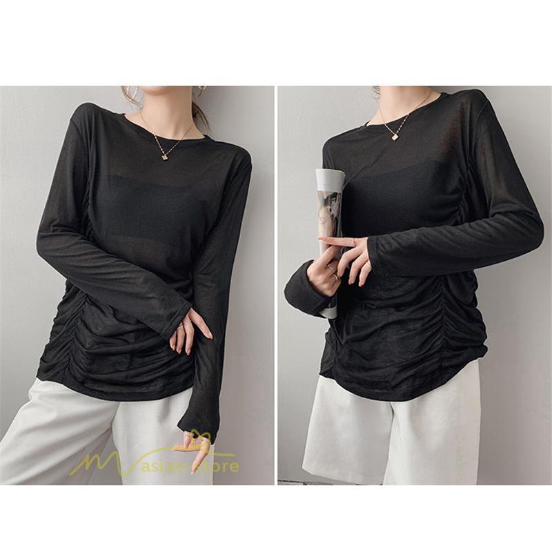 tシャツ・カットソー | Tシャツ Tシャツ レディース 無地 長袖 トップス カジュアルTシャツ おしゃれ クルーネック 秋服 夏秋 インナー 日常感 大きいサイズ 薄手 タック ゆったり 上品