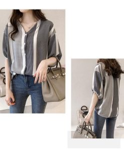 シャツ・ブラウス | ブラウス レディース 五分袖 薄手 ストライプシャツ トップス 羽織り 前開き 可愛い Vネック 40代 ブラウスシャツ 夏服 大人 20代30代