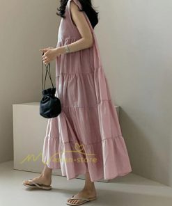 マキシ | ワンピース Aラインノースリーブマキシ丈ワンピース ビッグシルエット 無地 レディース ロング丈 体型カバー カジュアル 麻 綿 ゆったり 20代30代40代