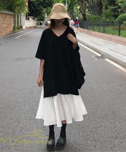 ミディアム | 夏ワンピース 切り替え ロング丈 黒白 フェイク フレア Aライン 五分袖 レイヤード風 重ね着風 Vネック 可愛い ミモレ丈 大人 20代30代40代 ゆったり