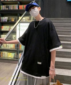 Tシャツ | メンズ 夏物 半袖 五分袖 フェイク レイヤード 重ね着風 無地 おしゃれ プルオーバー オーバーサイズ カジュアル 30代 20代 40代 ゆったり 男性着