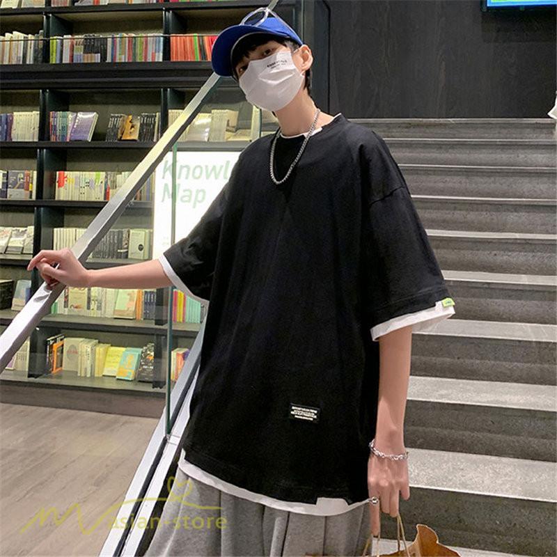 Tシャツ | メンズ 夏物 半袖 五分袖 フェイク レイヤード 重ね着風 無地 おしゃれ プルオーバー オーバーサイズ カジュアル 30代 20代 40代 ゆったり 男性着