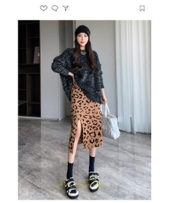 スカート | ロング 秋 冬 Aライン ロング丈 ハイウエスト ヒョウ柄 かっこいい セクシー  スリット ニット 韓国風 高見え デート おでかけ 2022新作 女子会 細見え