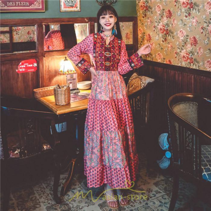 マキシ | ワンピース ロング 着やせ効果抜群 夏秋 長袖 他と被らない 刺繍 上品 きれいめ ロングワンピース マキシワンピ 舞台 演出 パーティー ダンス