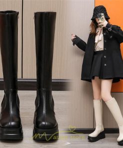 ロングブーツ | レディース ブーツ 厚底 歩きやすい 痛くない 定番 カジュアル 人気ブーツ ファスナー 黒 ブラック シンプル 美脚 おしゃれ 白 オフホワイト