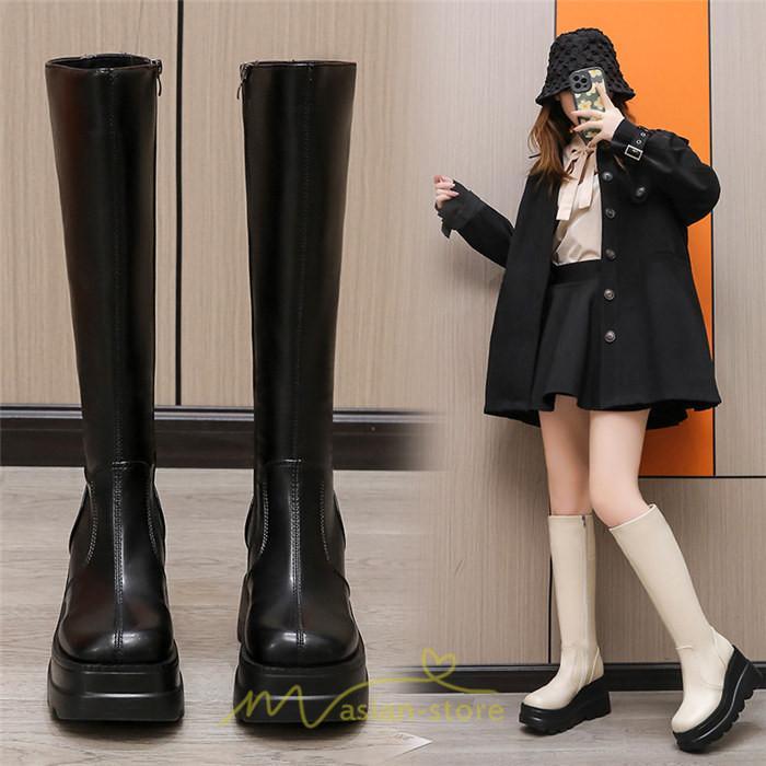 ロングブーツ | レディース ブーツ 厚底 歩きやすい 痛くない 定番 カジュアル 人気ブーツ ファスナー 黒 ブラック シンプル 美脚 おしゃれ 白 オフホワイト
