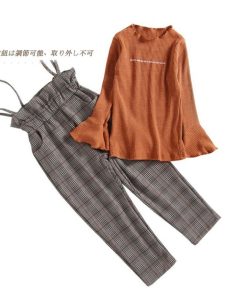 （子供）その他 | ズボン 2点セット 長ズボン セットアップ トップス 長袖 子供服 キッズ チェック柄 ブラウン 女の子 ワイドパンツ