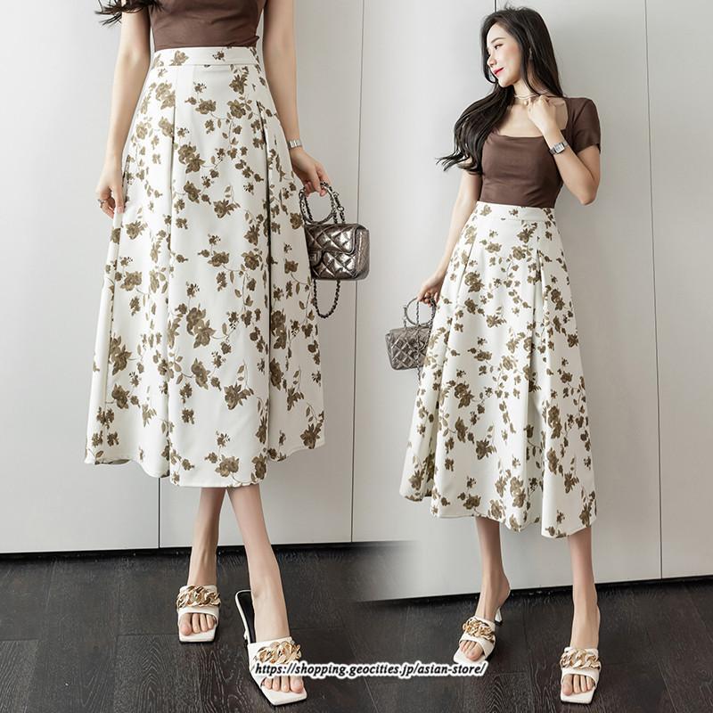 スカート | レディース ロングハイウエスト Aライン 花柄 秋 冬 ボトムス カジュアル 大人 可愛い お出かけ デイリー フェミニン おしゃれ きれいめ