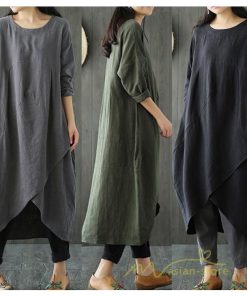 マキシ | 長袖ワンピース 綿麻 無地 Aライン 春物 カワイイ ミモレ丈ワンピース 春コーデ ワンピ 体型カバー ゆったり 20代30代 通学通勤 部屋着