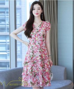 ミディアム | ワンピース レディース Vネック 半袖 花柄 おしゃれ Aライン ミディアムワンピース 着やせ エレガント 大きいサイズ 上品 膝丈 20代 30代 大人 40代