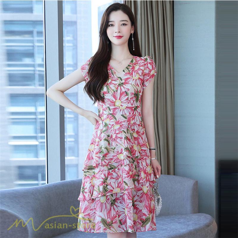 ミディアム | ワンピース レディース Vネック 半袖 花柄 おしゃれ Aライン ミディアムワンピース 着やせ エレガント 大きいサイズ 上品 膝丈 20代 30代 大人 40代