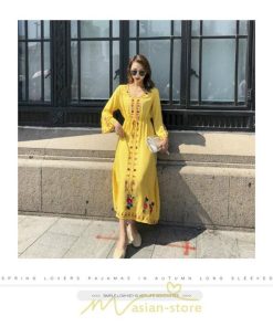 マキシ | ロングワンピース ロング丈 刺繍 ワンピ 民族風 エスニック風 長袖 ゆったり 体型カバー シンプル ナチュラル 花柄 旅行 着痩せ 綿麻 お出かけ　 リゾート