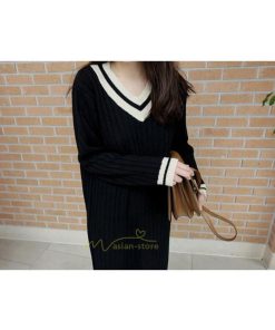 在庫ある | 短納期ロングニットワンピース ロングワンピ カットソー 長袖 トップス Vネック ゆったりセーターニット 体型カバー OL ストレートニットワンピ 通学通勤