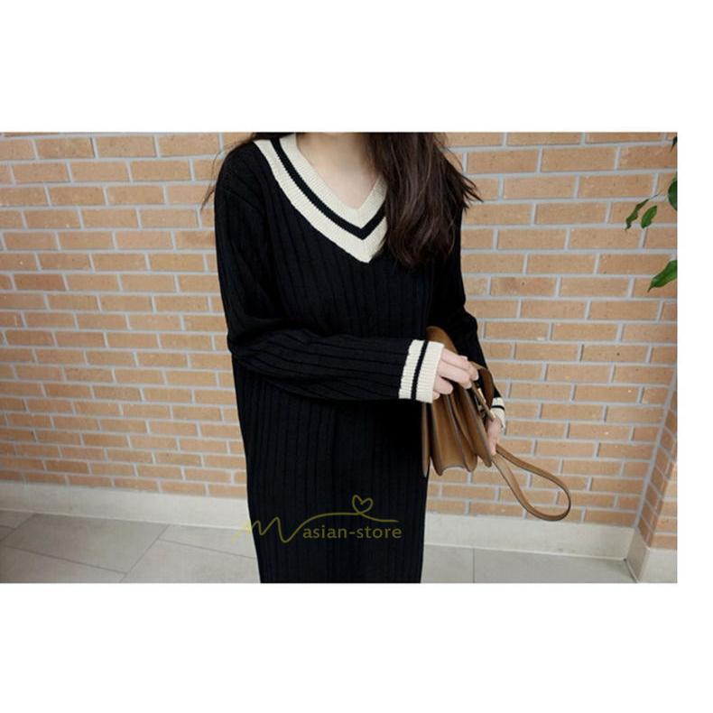 在庫ある | 短納期ロングニットワンピース ロングワンピ カットソー 長袖 トップス Vネック ゆったりセーターニット 体型カバー OL ストレートニットワンピ 通学通勤