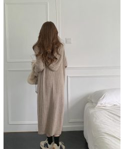 ニットワンピース | ワンピース 秋冬 太めリブニット ロングワンピース ミモレ丈 無地 フード付き 帽子 ストレッチ 大人 セーター 50代 長袖 20代30代 アウター