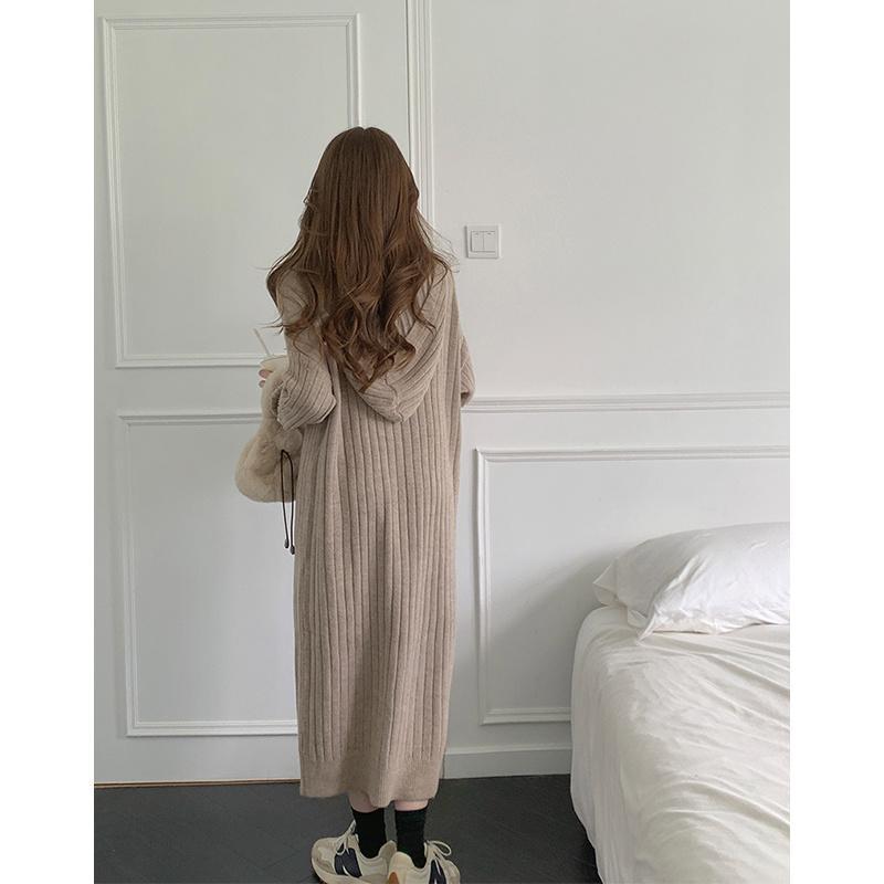 ニットワンピース | ワンピース 秋冬 太めリブニット ロングワンピース ミモレ丈 無地 フード付き 帽子 ストレッチ 大人 セーター 50代 長袖 20代30代 アウター