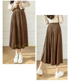 スカート | プリーツロングミモレ丈 ビロードAラインウエストゴム ハイウエスト 秋冬 無地 ゆったり 通学通勤 大人
