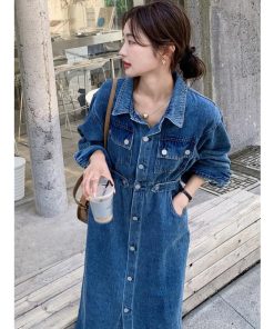 マキシ | デニムワンピース 秋 レディース ジャケット 羽織り ワンピース 長袖 腰着痩せ 女性美シルエット デニム 30代40代50代 ロング丈 オフィス 無地 秋コーデ