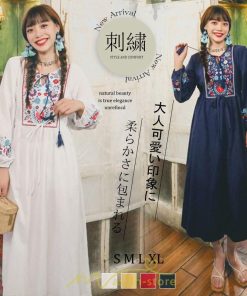 マキシ | ワンピース  ロングワンピ パーティー お呼ばれ デート ゆったり 女子会 食事会 白 赤 黄色 青 Aライン 長袖 エスニック風 2022年夏秋新作 刺繍 Vネック 綿麻