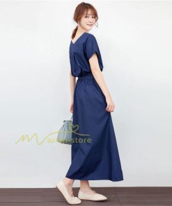 送料無料SALE | ロングワンピース 夏ワンピース 半袖 無地 フレアワンピース Vネック ベルト付き ゴム 女っぽい お呼ばれワンピース 大人 30代40代 ワンピ パーティー