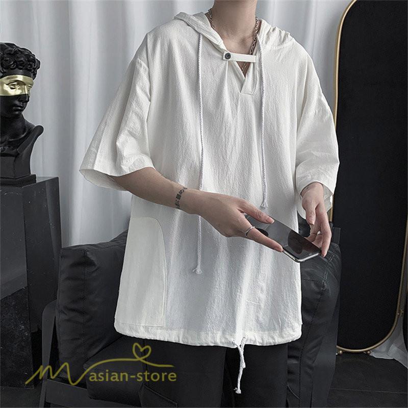 Tシャツ | トップス メンズ カットソー パーカー フード付き カジュアル 無地 7分丈 ゆったり 大きいサイズ 20代 30代 夏新作 ルームウェア 体型カバー シンプル