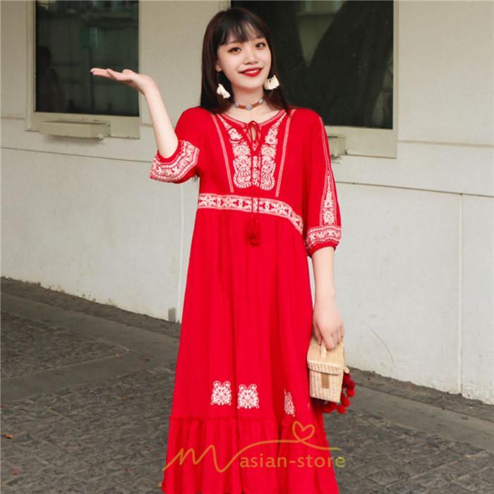 マキシ | ワンピース きれいめ レディース 夏 秋 ロング 上品 大人 七分袖 お出かけ 高見え 赤 白 黄色 上質 20代 50代 40代 ゆったり リゾート 30代 旅行 体型隠し