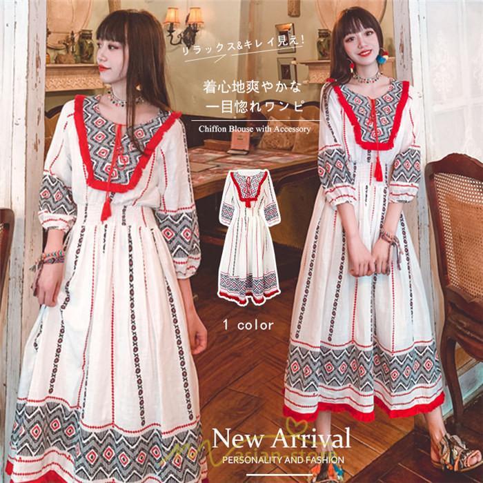 マキシ | ワンピース 夏 レディース リゾート きれいめ 夏ワンピ ファッション エスニック 幾何学柄 ウエストゴム レトロ サマーワンピース ロング 海外旅行 上品 夏服