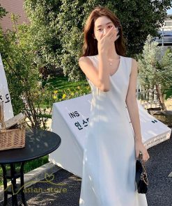 ミディアム | ワンピース レディース ノースリーブ 着痩せ 春 夏 新作 無地 きれいめ サマーワンピース 20代 30代 40代 Vネック エレガント 韓国風 上品 通学 通勤 大人