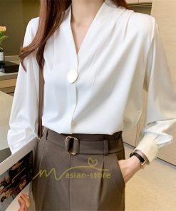 シャツ・ブラウス | ブラウス レディース 長袖ブラウス 春秋 オフィスブラウス 白vネック オシャレブラウス シフォントップス 韓国風 大人 上品 40代 ゆったりシャツ 通勤OL 50代