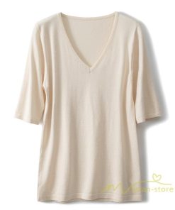 ｔシャツ・カットソー | サマーニット レディース Vネック トップス ニット 半袖 春服 春物 ニットチュニック 無地 きれいめ 春夏 黒 リブ 夏ニット 白 5分袖 涼し気