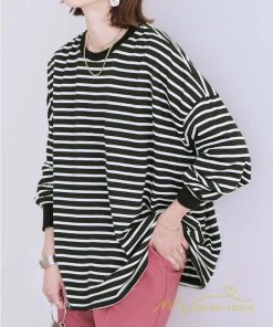 ｔシャツ・カットソー | ボーダー＆無地ビッグプルオーバー レディース トップス Tシャツ オーバーサイズ トレーナー 長袖 可愛い 20代30代40代 シンプル ゆったり ロングＴ